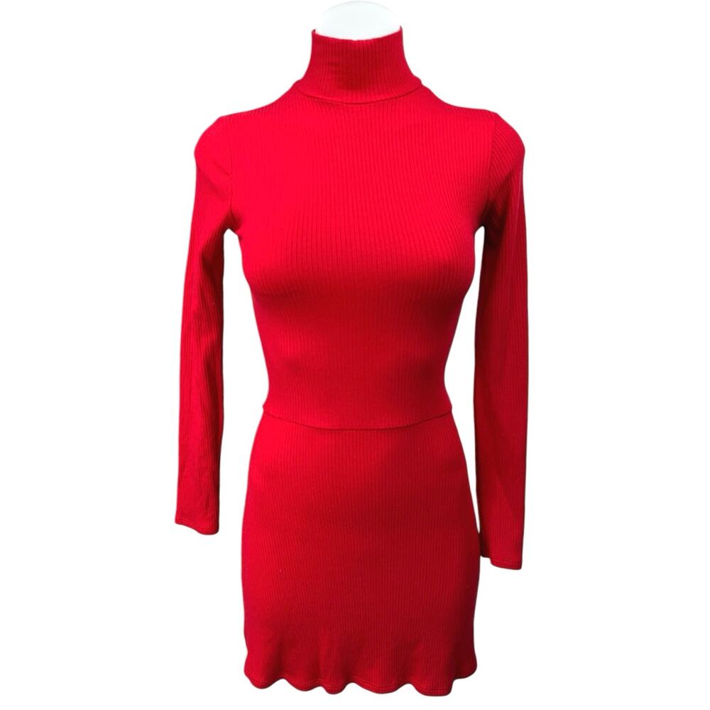 Reformation Maya Red Turtleneck Ribbed Knit Long Sleeve Bodysuit Mini Dress XS